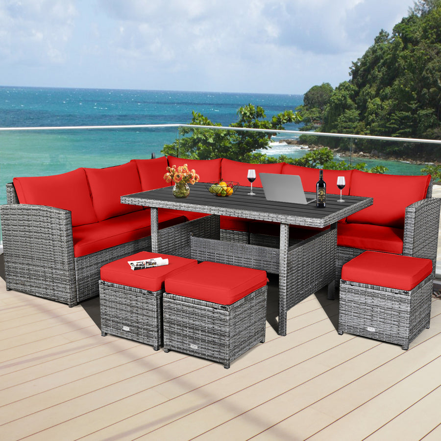 7PCS Rattan Patio Sectional Sofa Set Conversation Set w/ Red Cushions Image 1