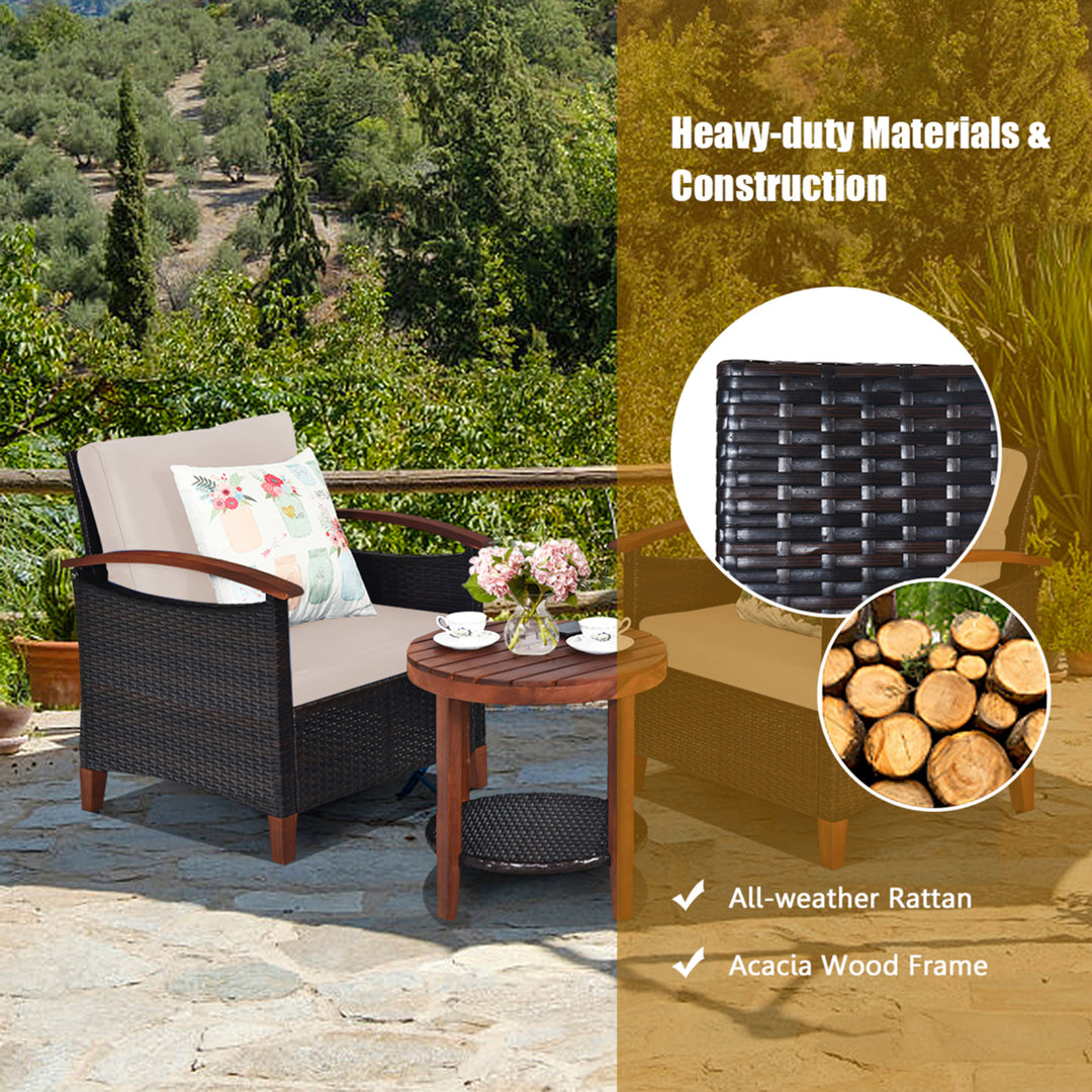 3PCS Patio Wicker Rattan Conversation Set Outdoor Furniture Set w/ Beige Cushion Image 8