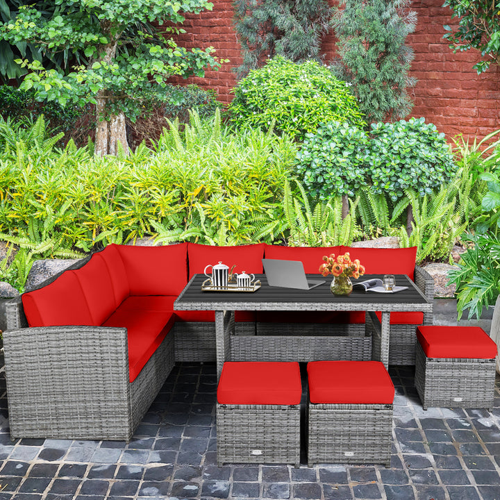 7PCS Rattan Patio Sectional Sofa Set Conversation Set w/ Red Cushions Image 3