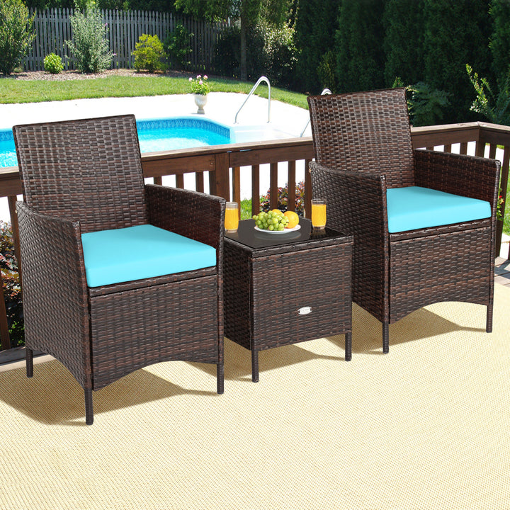 3PCS Outdoor Rattan Conversation Set Patio Furniture Set w/ Blue Cushions Image 6