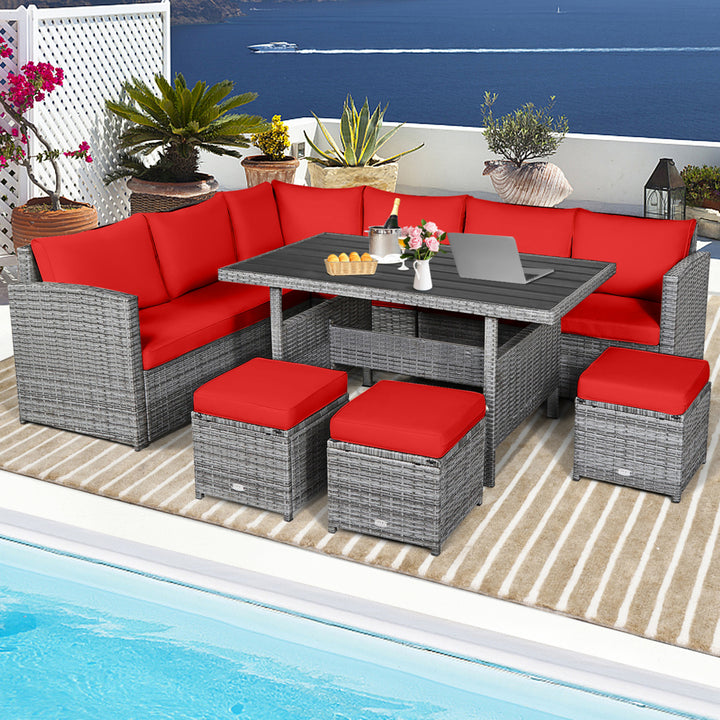 7PCS Rattan Patio Sectional Sofa Set Conversation Set w/ Red Cushions Image 4