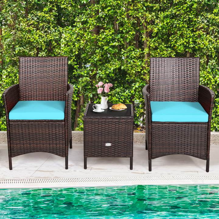 3PCS Outdoor Rattan Conversation Set Patio Furniture Set w/ Blue Cushions Image 4