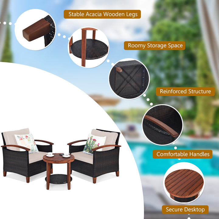 3PCS Patio Wicker Rattan Conversation Set Outdoor Furniture Set w/ Beige Cushion Image 10