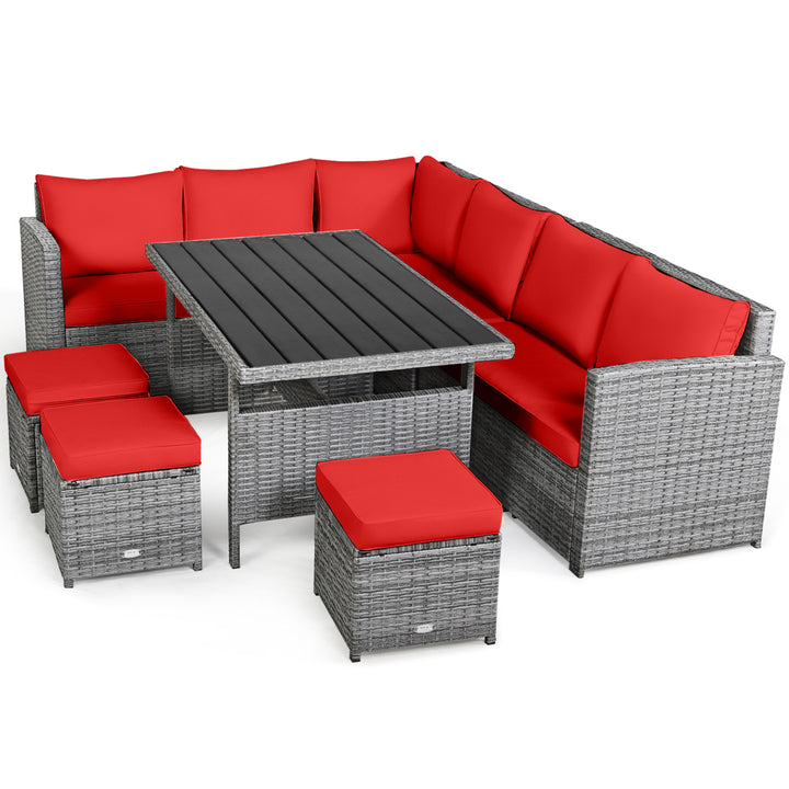 7PCS Rattan Patio Sectional Sofa Set Conversation Set w/ Red Cushions Image 2