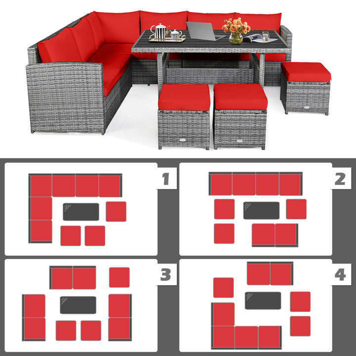 7PCS Rattan Patio Sectional Sofa Set Conversation Set w/ Red Cushions Image 6