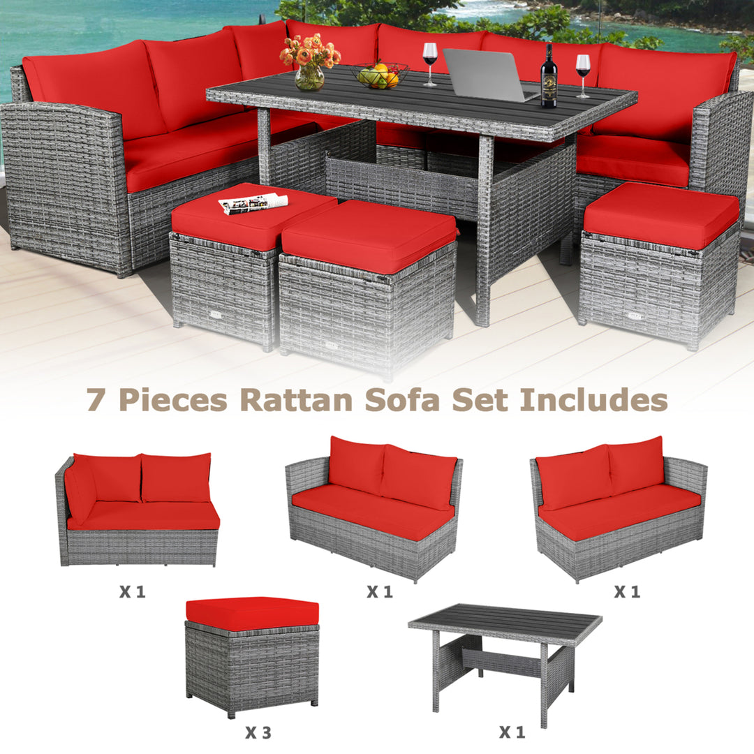 7PCS Rattan Patio Sectional Sofa Set Conversation Set w/ Red Cushions Image 7