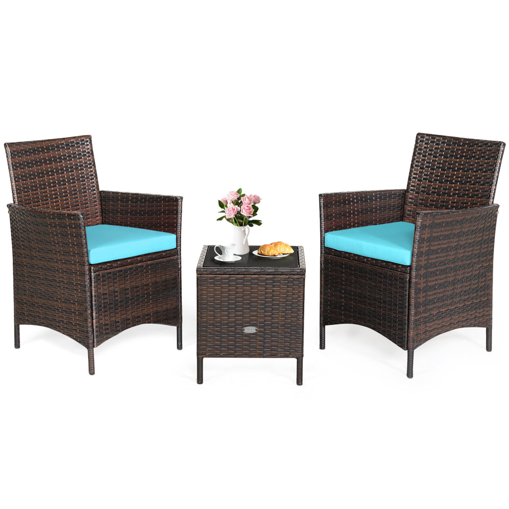 3PCS Outdoor Rattan Conversation Set Patio Furniture Set w/ Blue Cushions Image 2