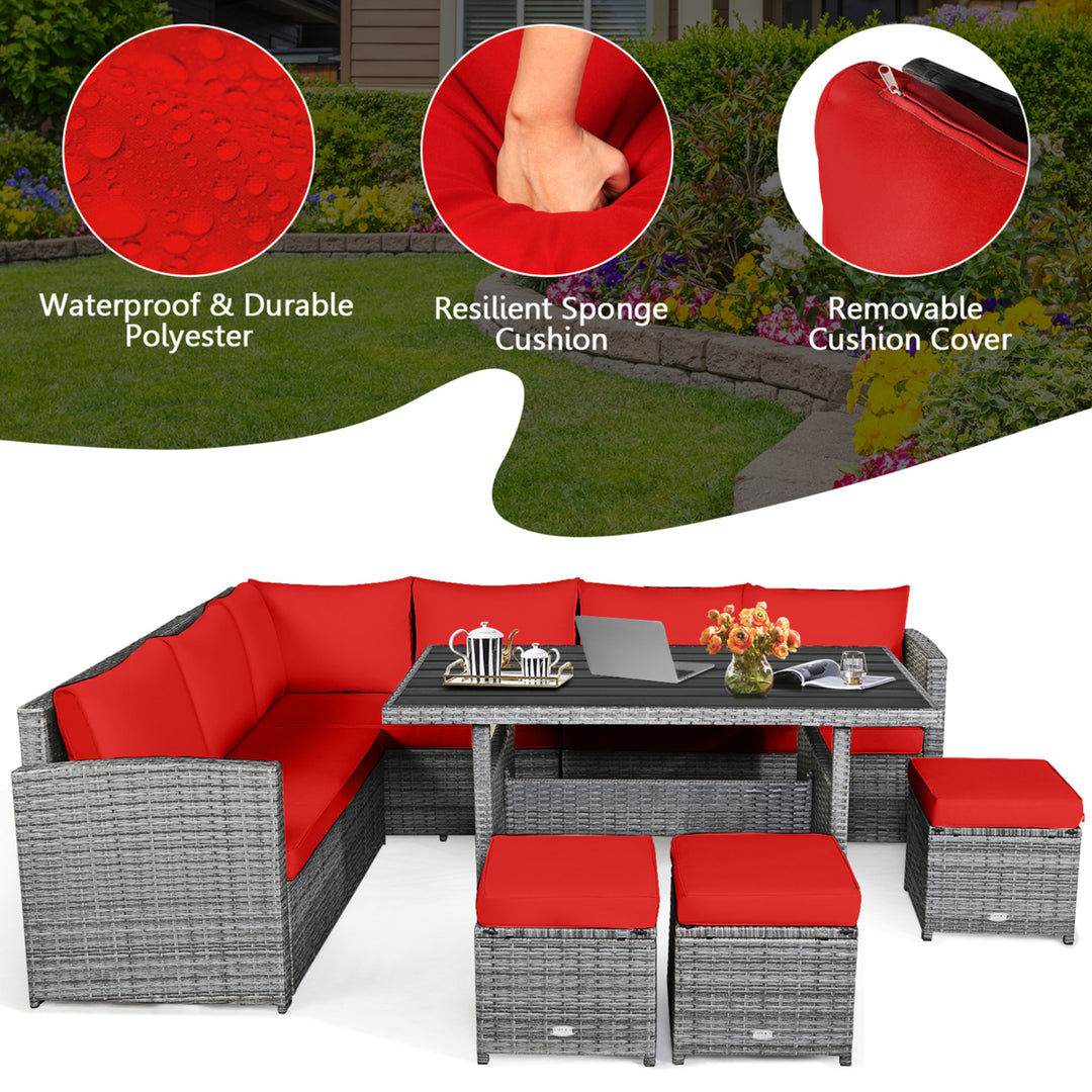 7PCS Rattan Patio Sectional Sofa Set Conversation Set w/ Red Cushions Image 8