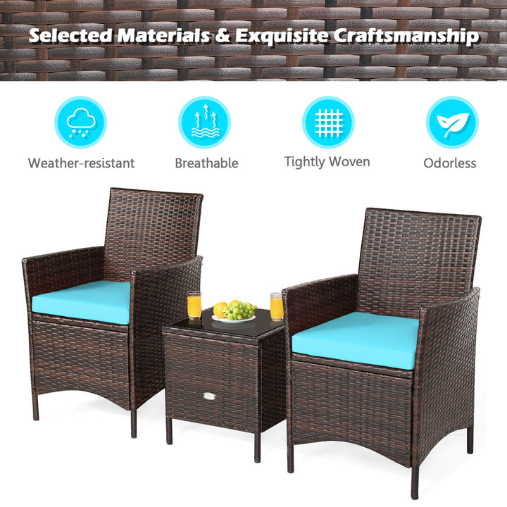 3PCS Outdoor Rattan Conversation Set Patio Furniture Set w/ Blue Cushions Image 7