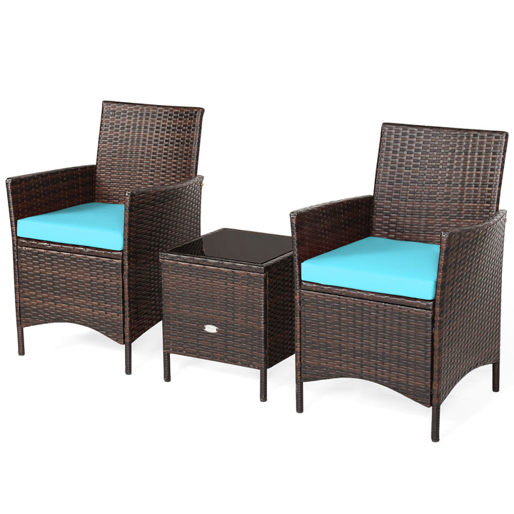 3PCS Outdoor Rattan Conversation Set Patio Furniture Set w/ Blue Cushions Image 9