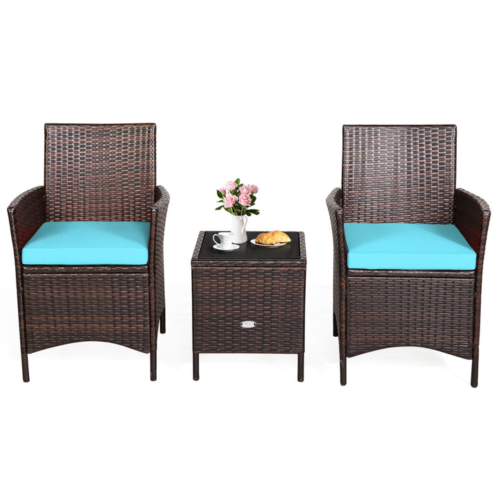 3PCS Outdoor Rattan Conversation Set Patio Furniture Set w/ Blue Cushions Image 10