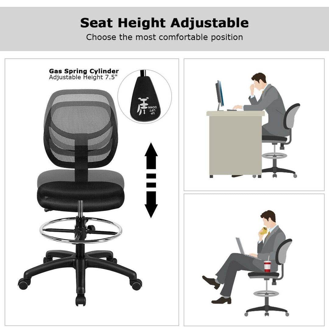 Mesh Drafting Chair Mid Back Office Chair Adjustable Height w/Footrest Armless Image 8