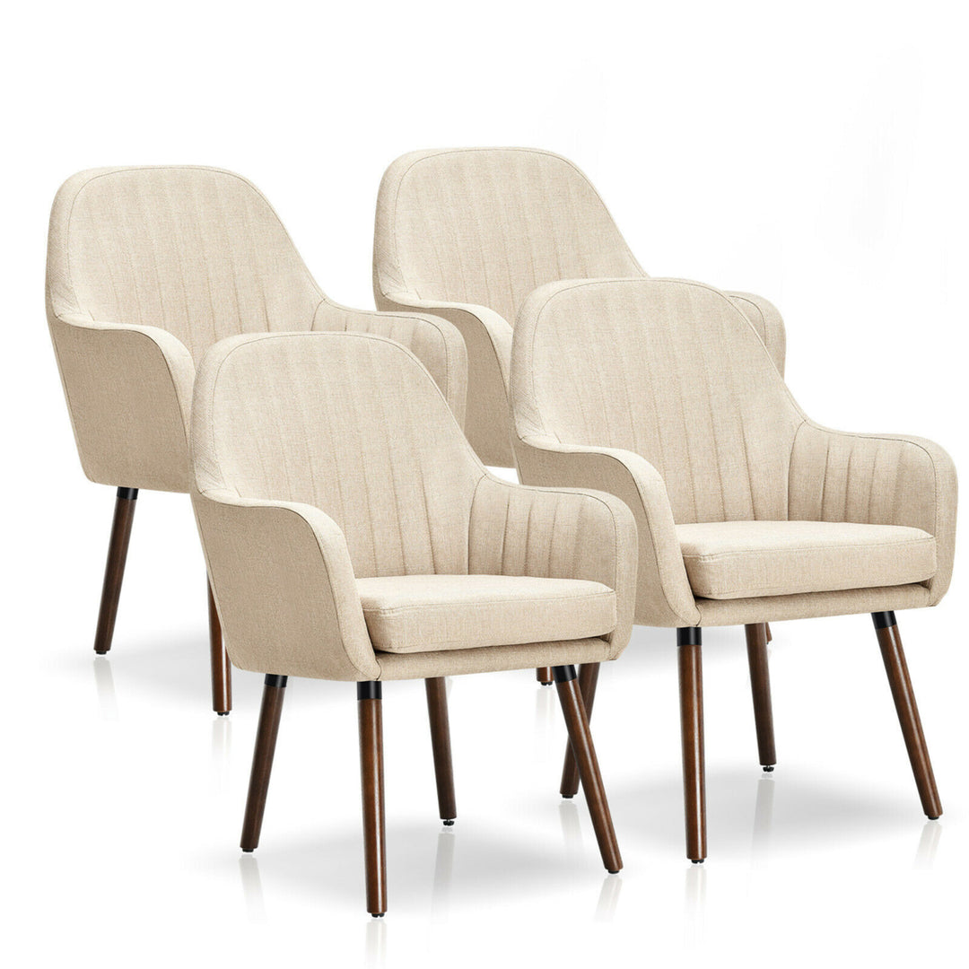 Set of 4 Accent Chairs Fabric Upholstered Armchairs w/Wooden Legs Beige Image 1