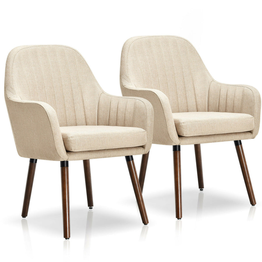 Set of 2 Accent Chairs Fabric Upholstered Armchairs w/Wooden Legs Beige Image 1