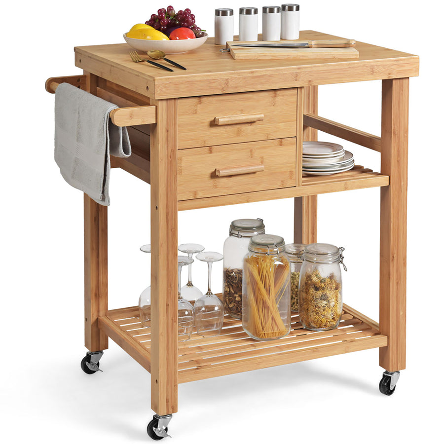 Bamboo Kitchen Trolley Cart Wood Rolling Island w/ Tower Rack and Drawers Image 1