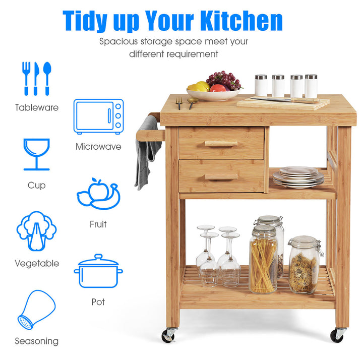 Bamboo Kitchen Trolley Cart Wood Rolling Island w/ Tower Rack and Drawers Image 8