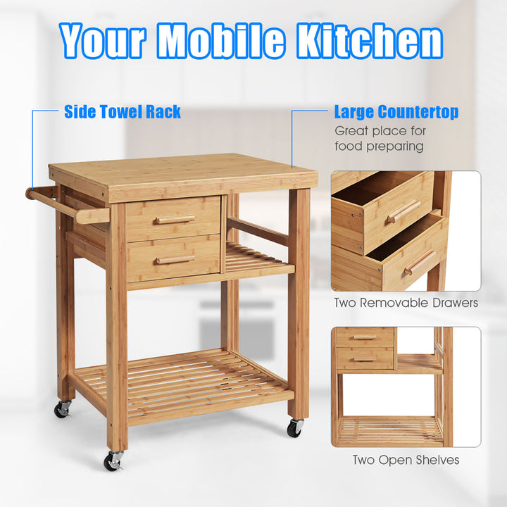 Bamboo Kitchen Trolley Cart Wood Rolling Island w/ Tower Rack and Drawers Image 9