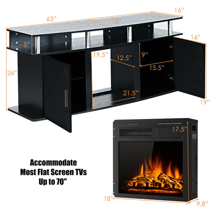 63 Fireplace TV Stand W/18 1500W Electric Fireplace up to 70 Black Image 2