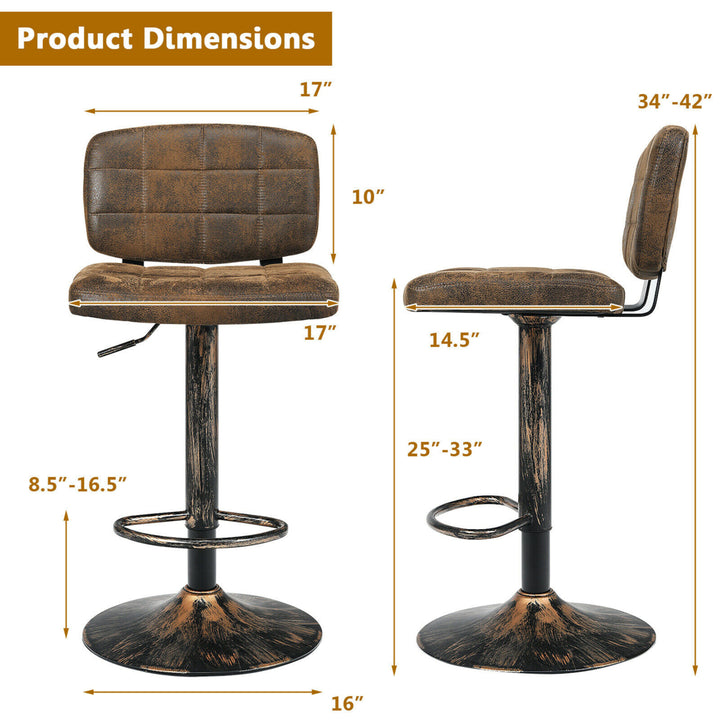 Set of 2 Adjustable Bar Stools Swivel Bar Chairs w/Backrest Retro Brown Image 2