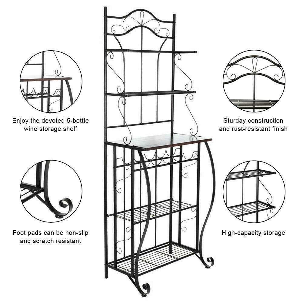 5-Tier Black Metal Cappuccino Finish Shelf Kitchen Bakers Rack Scroll Design with 5 Bottles Wine Storage Image 1