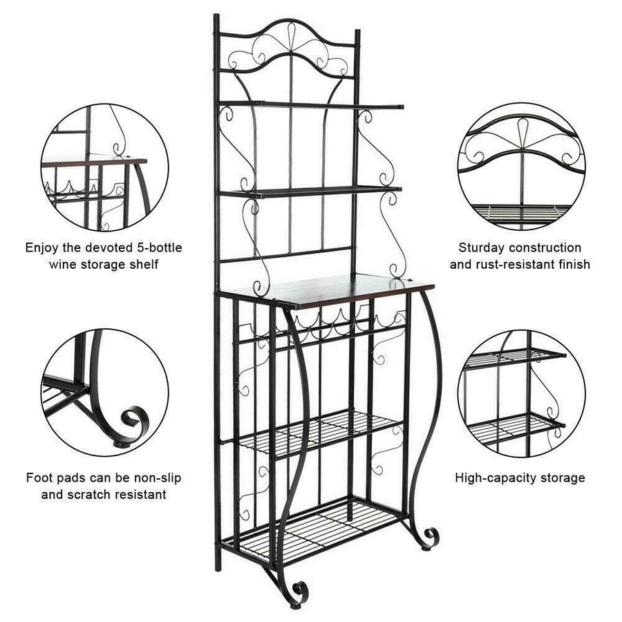 5-Tier Black Metal Cappuccino Finish Shelf Kitchen Bakers Rack Scroll Design with 5 Bottles Wine Storage Image 1