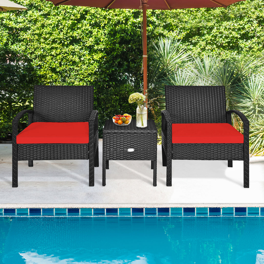 3PCS Rattan Patio Conversation Furniture Set w/ Storage Table Red Cushion Image 1