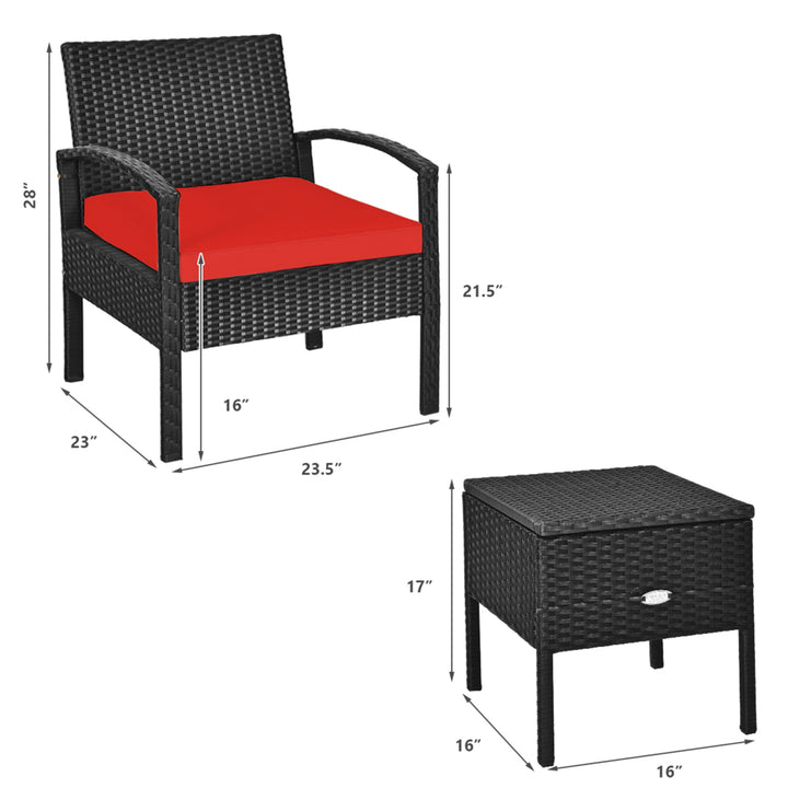 3PCS Rattan Patio Conversation Furniture Set w/ Storage Table Red Cushion Image 3