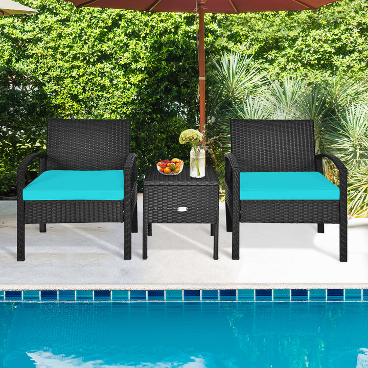 3PCS Rattan Patio Conversation Furniture Set w/ Storage Table Turquoise Cushion Image 1