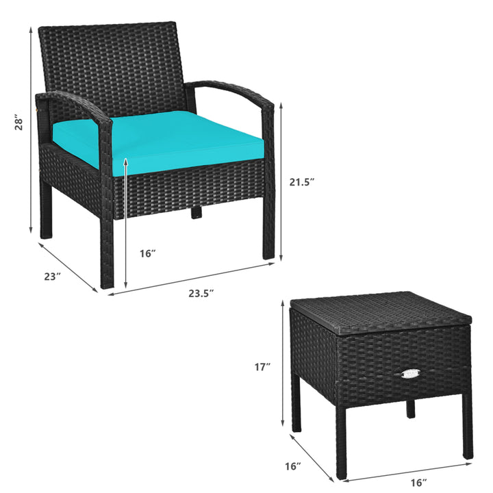 3PCS Rattan Patio Conversation Furniture Set w/ Storage Table Turquoise Cushion Image 3