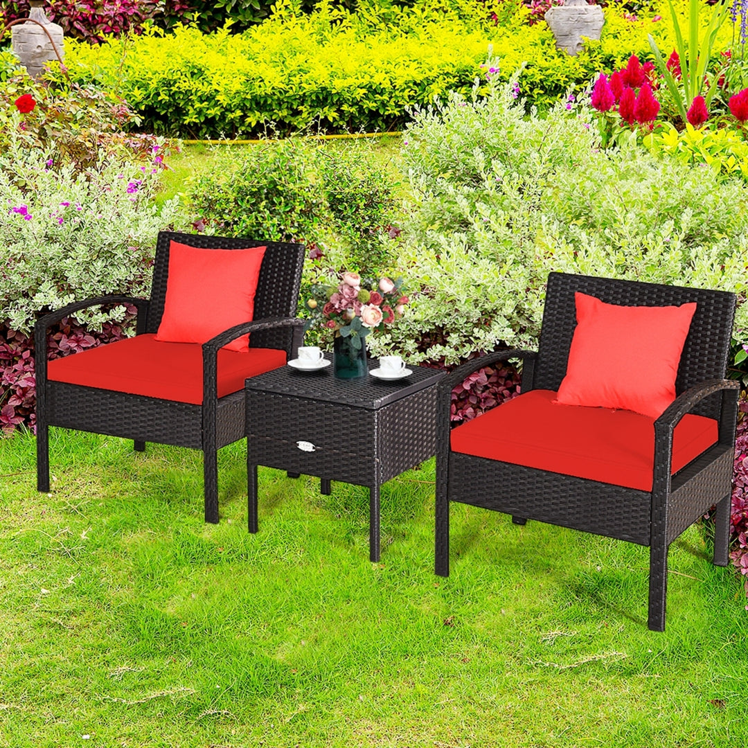 3PCS Rattan Patio Conversation Furniture Set w/ Storage Table Red Cushion Image 6