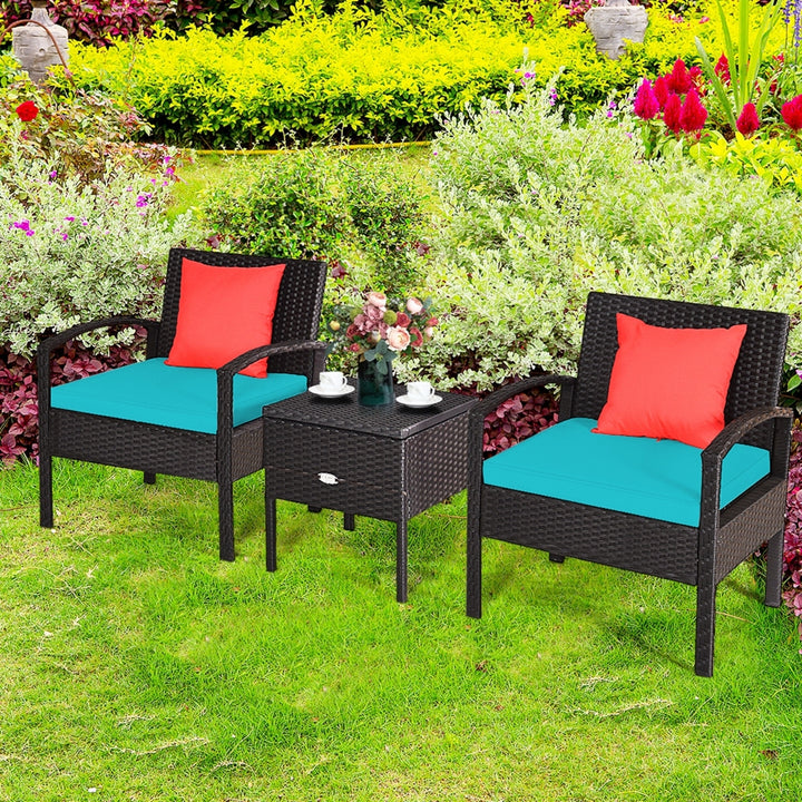 3PCS Rattan Patio Conversation Furniture Set w/ Storage Table Turquoise Cushion Image 6