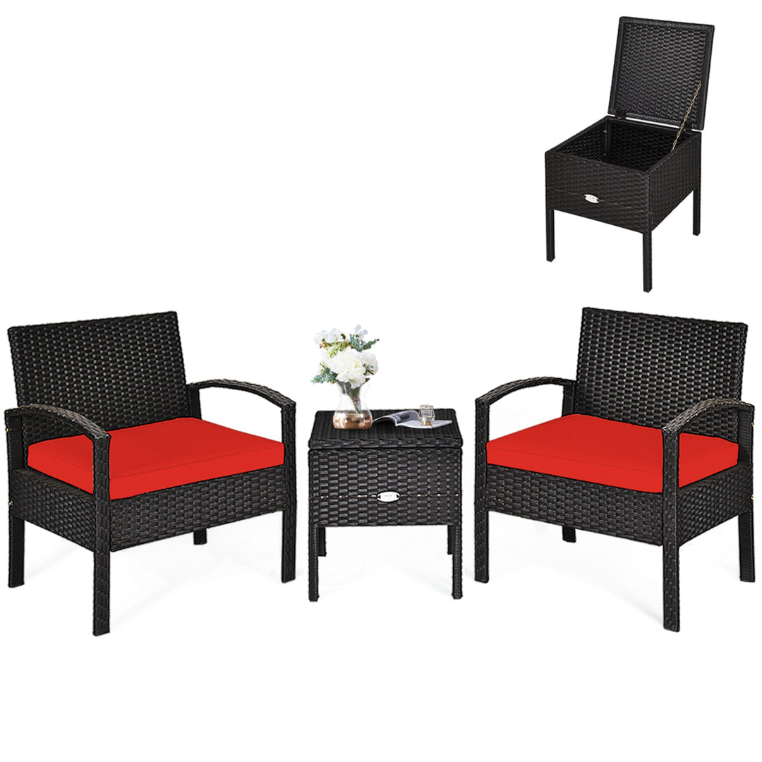 3PCS Rattan Patio Conversation Furniture Set w/ Storage Table Red Cushion Image 5