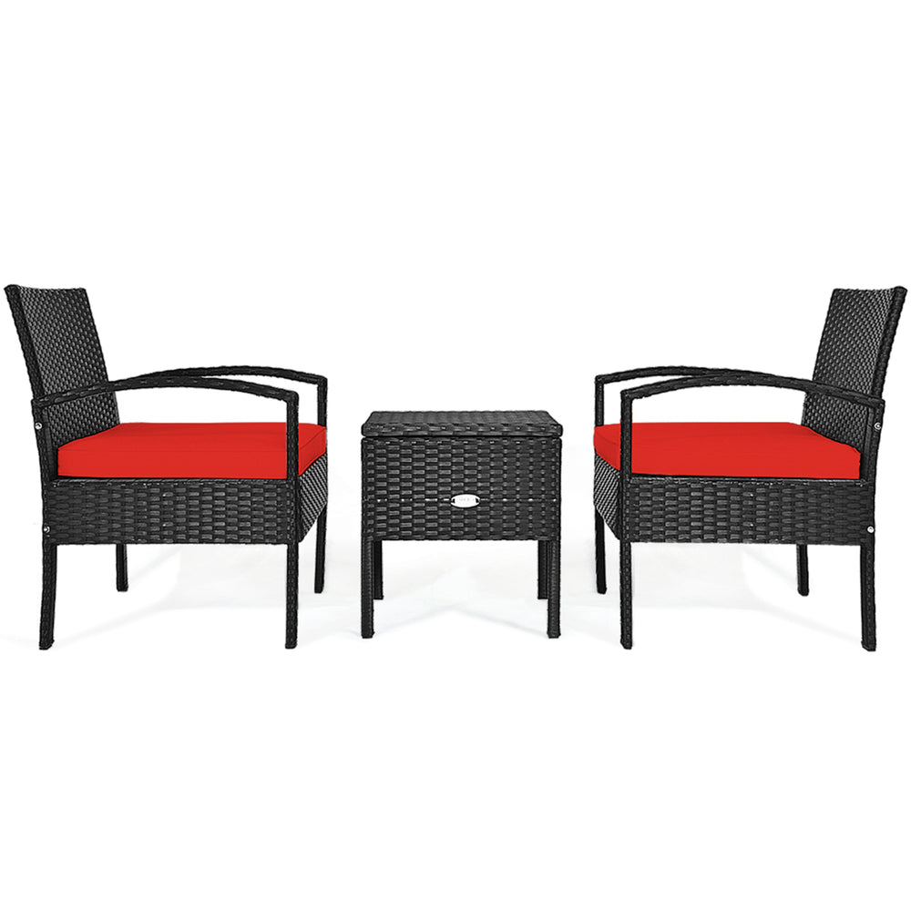 3PCS Rattan Patio Conversation Furniture Set w/ Storage Table Red Cushion Image 2