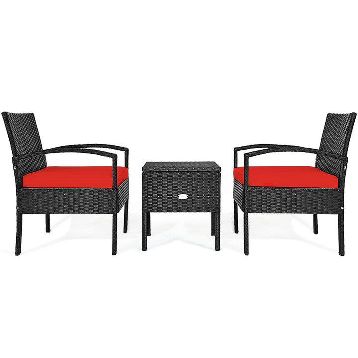 3PCS Rattan Patio Conversation Furniture Set w/ Storage Table Red Cushion Image 2