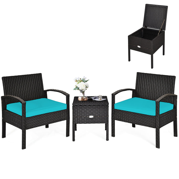 3PCS Rattan Patio Conversation Furniture Set w/ Storage Table Turquoise Cushion Image 5