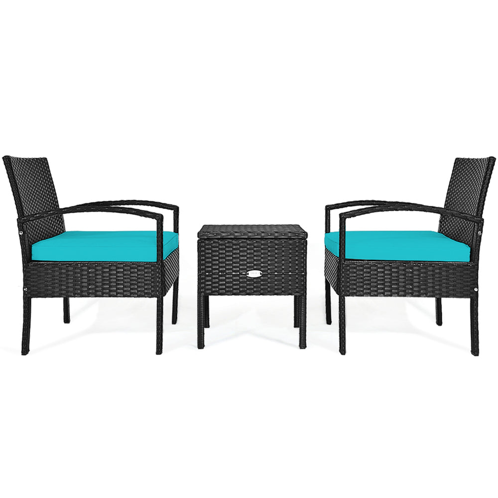 3PCS Rattan Patio Conversation Furniture Set w/ Storage Table Turquoise Cushion Image 2