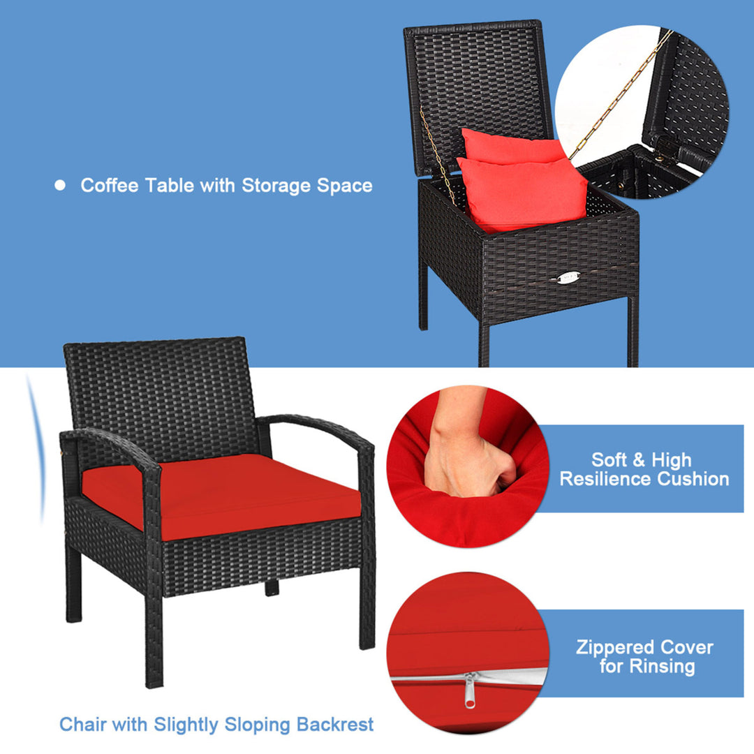 3PCS Rattan Patio Conversation Furniture Set w/ Storage Table Red Cushion Image 8