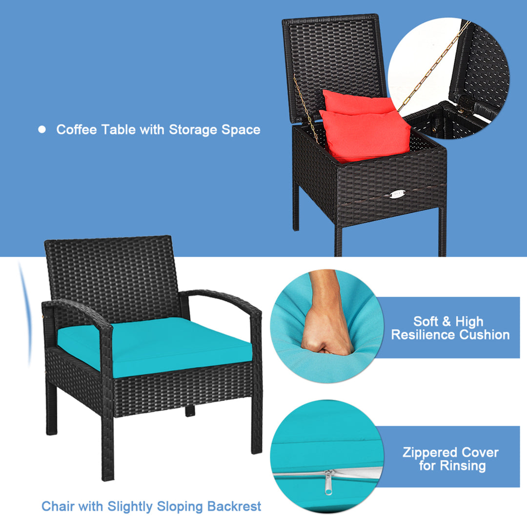 3PCS Rattan Patio Conversation Furniture Set w/ Storage Table Turquoise Cushion Image 8