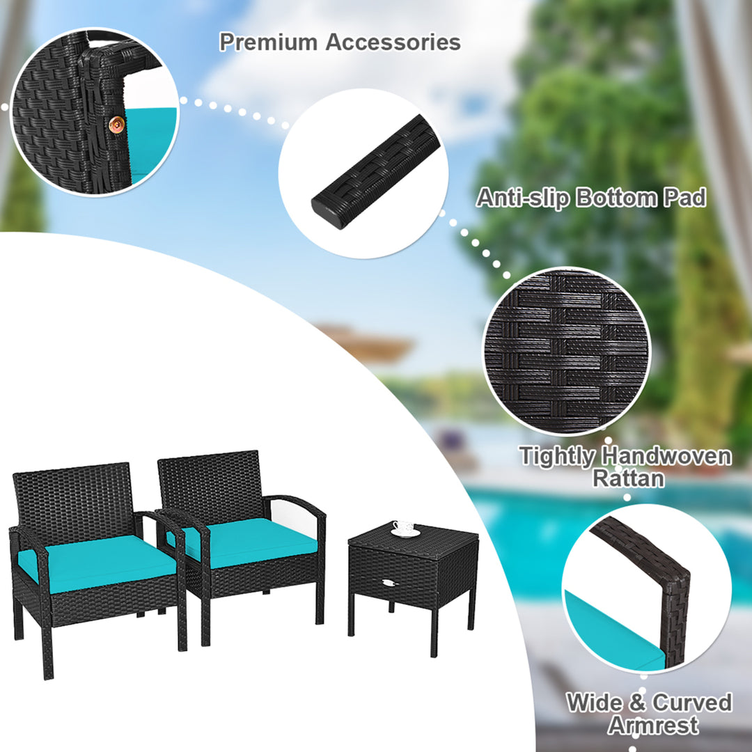 3PCS Rattan Patio Conversation Furniture Set w/ Storage Table Turquoise Cushion Image 10