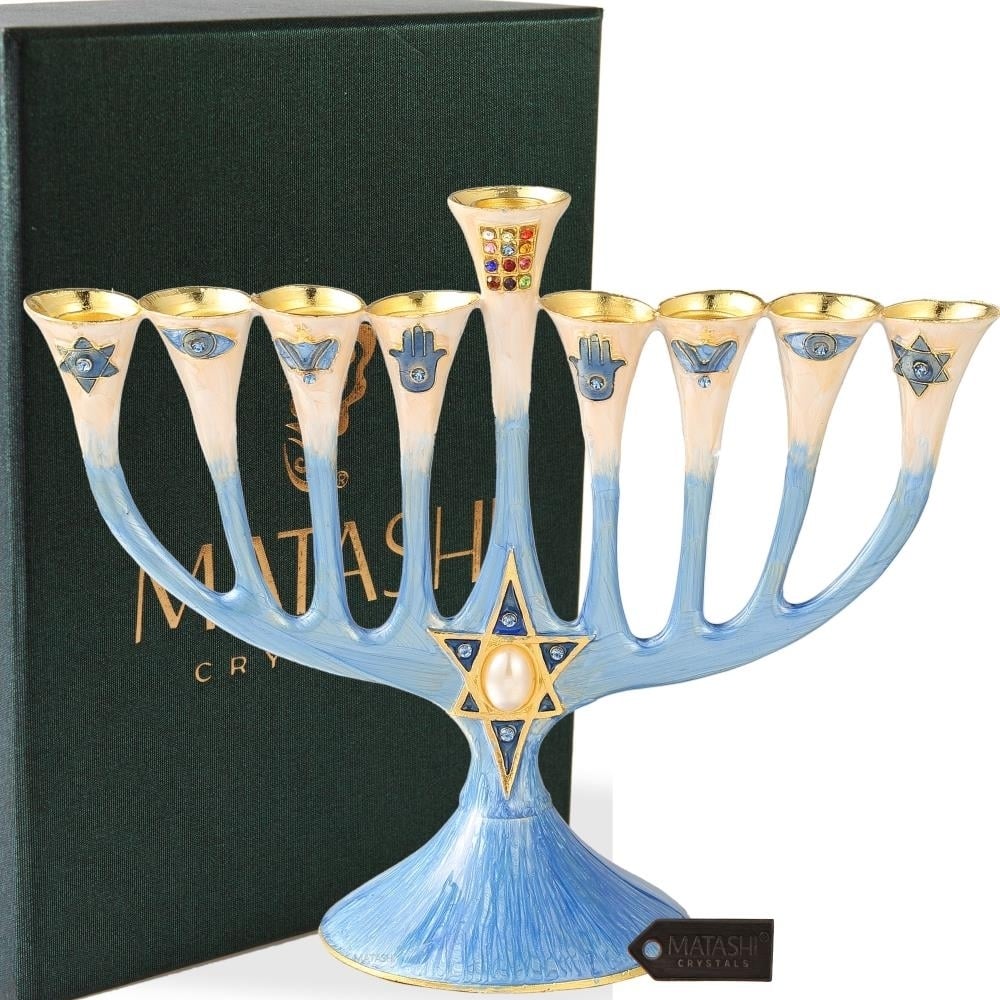 Hand Painted Enamel Menorah Candelabra with a Star of David Design and Embellished with Gold Accents and fine Crystals Image 1