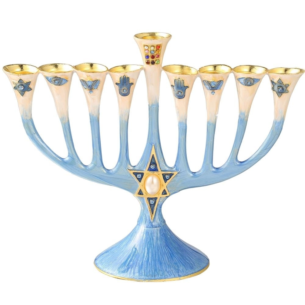 Hand Painted Enamel Menorah Candelabra with a Star of David Design and Embellished with Gold Accents and fine Crystals Image 2