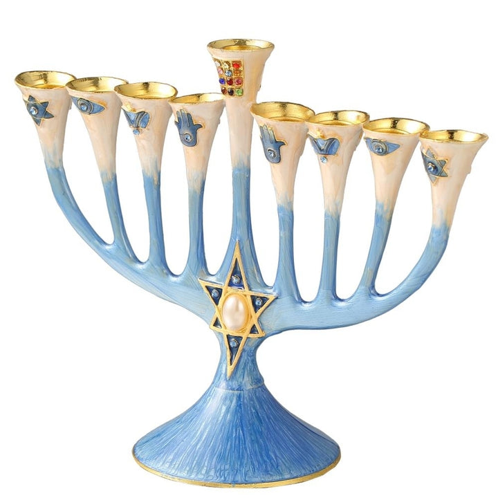 Hand Painted Enamel Menorah Candelabra with a Star of David Design and Embellished with Gold Accents and fine Crystals Image 3