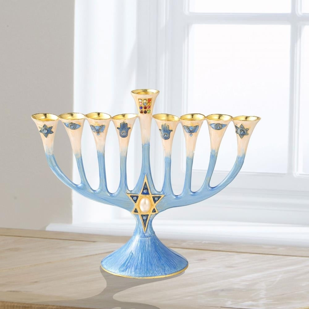 Hand Painted Enamel Menorah Candelabra with a Star of David Design and Embellished with Gold Accents and fine Crystals Image 4