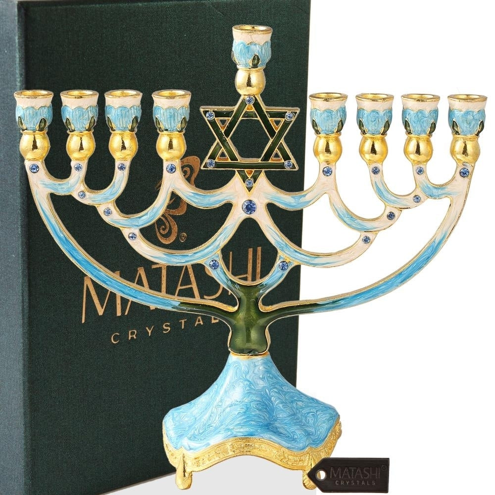 Hand Painted Enamel Menorah Candelabra with a Star of David Design and Embellished with Gold Accents and fine Crystals Image 1