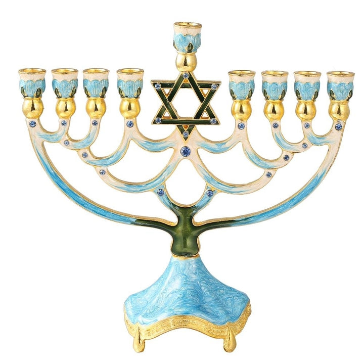 Hand Painted Enamel Menorah Candelabra with a Star of David Design and Embellished with Gold Accents and fine Crystals Image 2