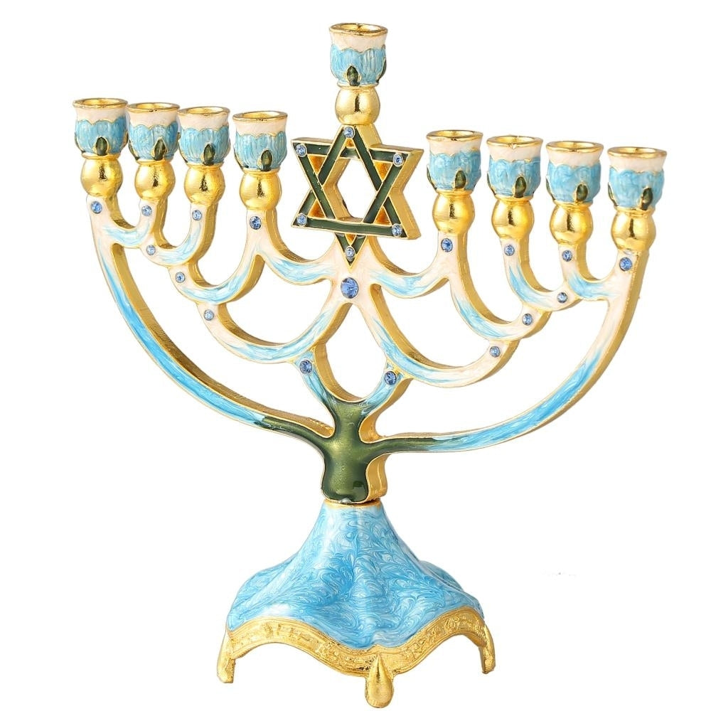 Hand Painted Enamel Menorah Candelabra with a Star of David Design and Embellished with Gold Accents and fine Crystals Image 3