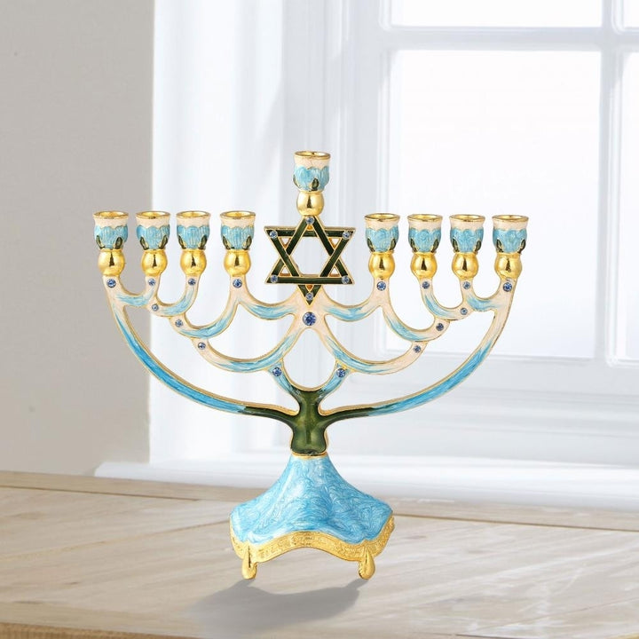 Hand Painted Enamel Menorah Candelabra with a Star of David Design and Embellished with Gold Accents and fine Crystals Image 4