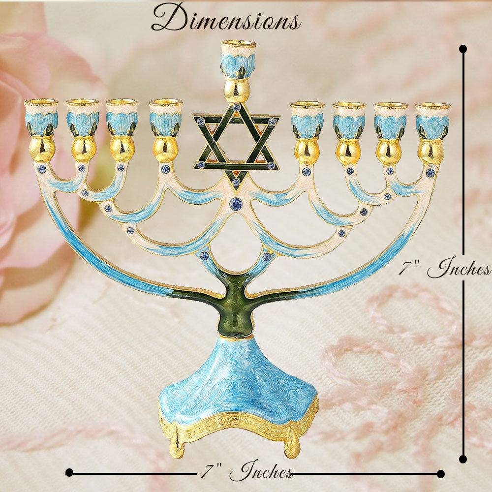 Hand Painted Enamel Menorah Candelabra with a Star of David Design and Embellished with Gold Accents and fine Crystals Image 5