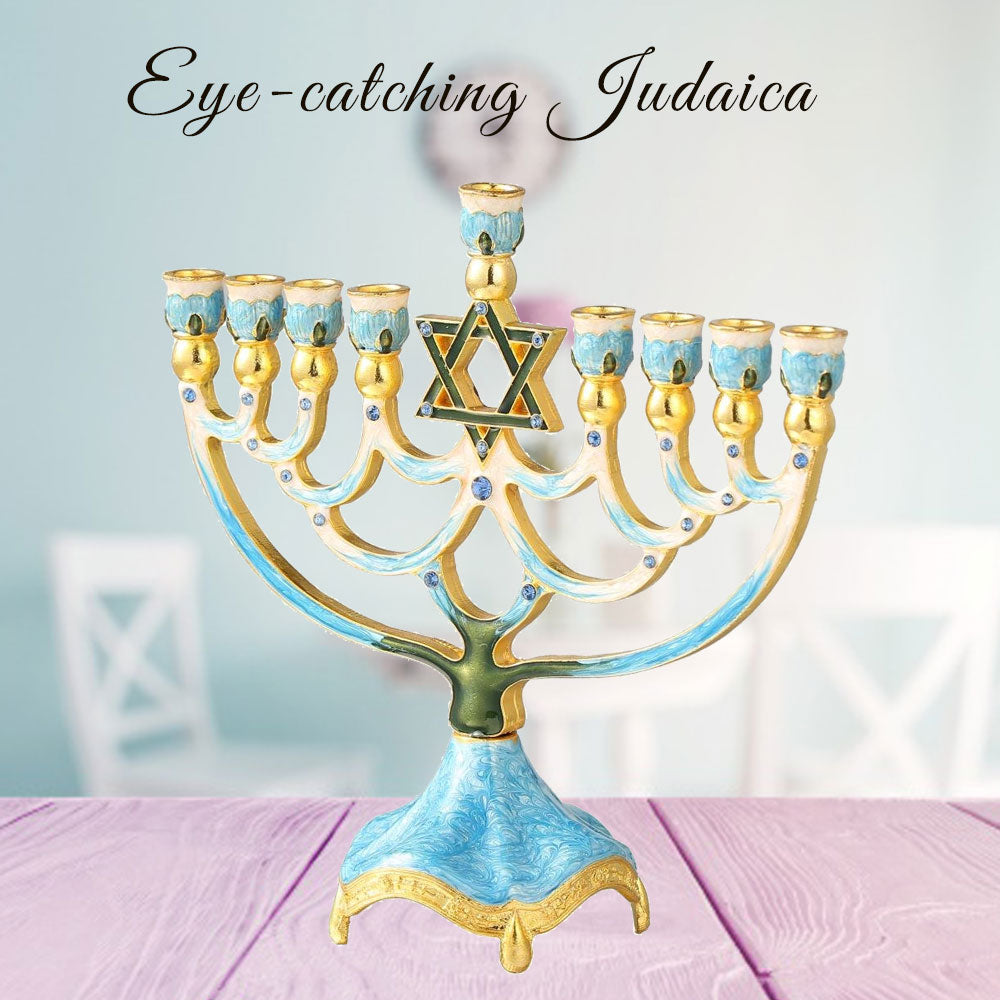 Hand Painted Enamel Menorah Candelabra with a Star of David Design and Embellished with Gold Accents and fine Crystals Image 6