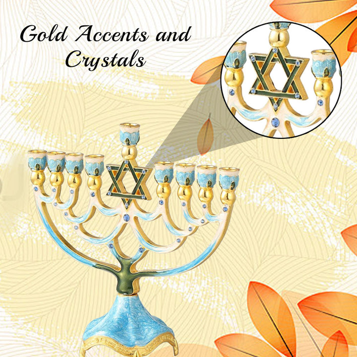 Hand Painted Enamel Menorah Candelabra with a Star of David Design and Embellished with Gold Accents and fine Crystals Image 7